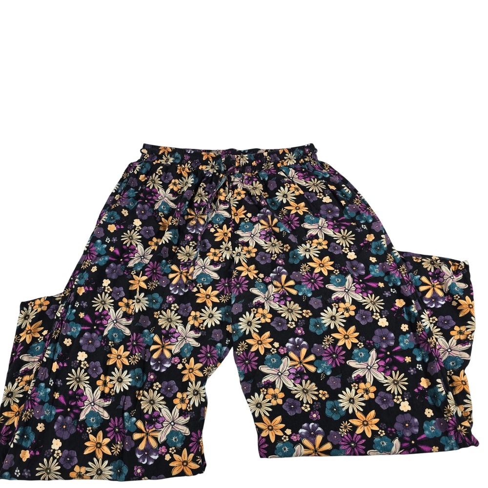Lotus and Luna Floral Wide Leg Pants XL Black Purple Rayon Handmade Thailand